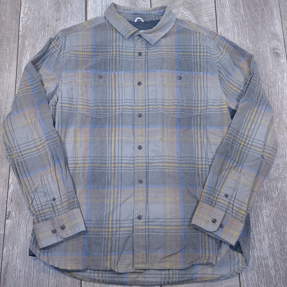 Prana Dooley Shirt Mens Size XL Grey Plaid Organic Cotton Corduroy Top